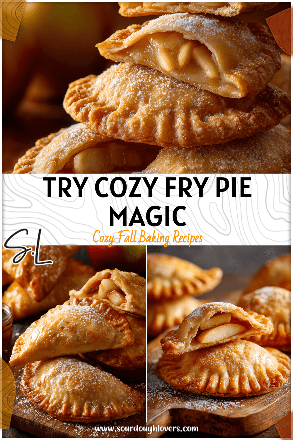 Assorted fried fruit pies dusted with sugar and filled with apple slices on a wooden board.